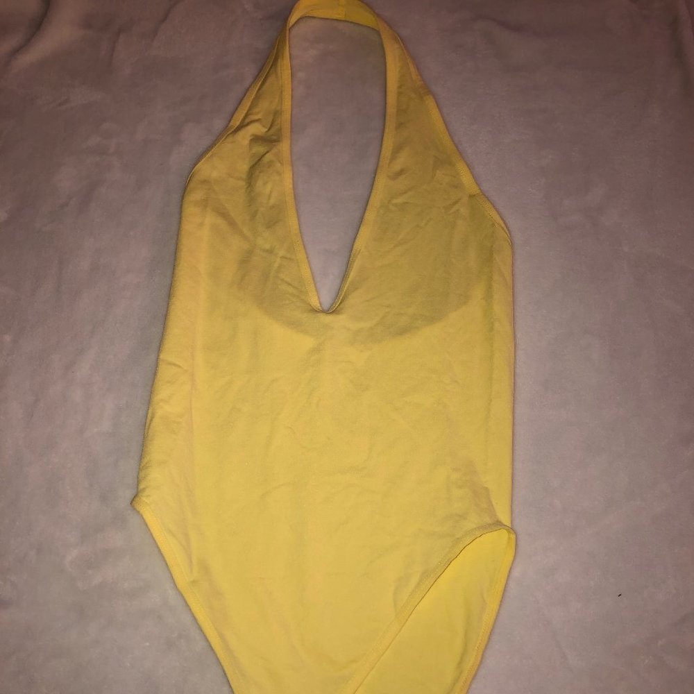 Light Yellow Low V Halter Bodysuit with Open Back